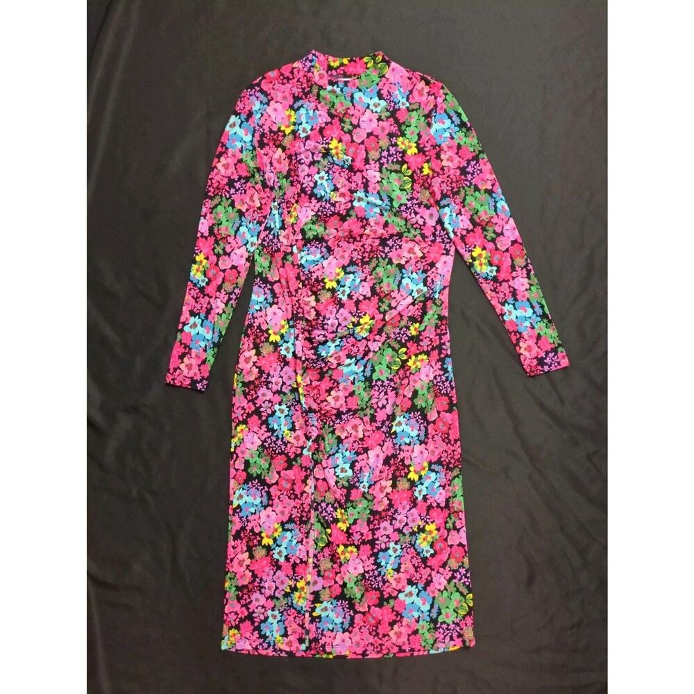 FUTURE COLLECTIVE Floral Long Sleeve Mock Neck XL Dress Kalana Barfield Brown